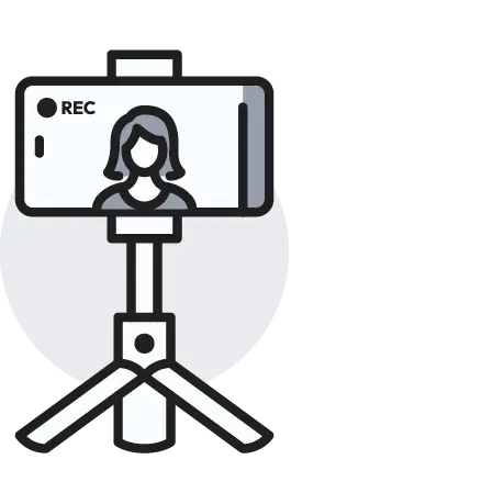 Icon of a smartphone placed on a tripod that is recording video of an individual.