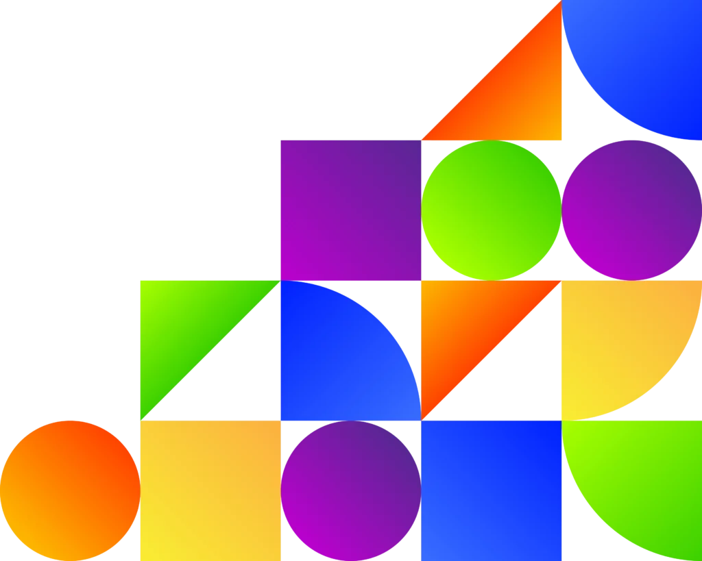 Riveo Creative image is a various colors of shapes of squares, circles, and triangles.