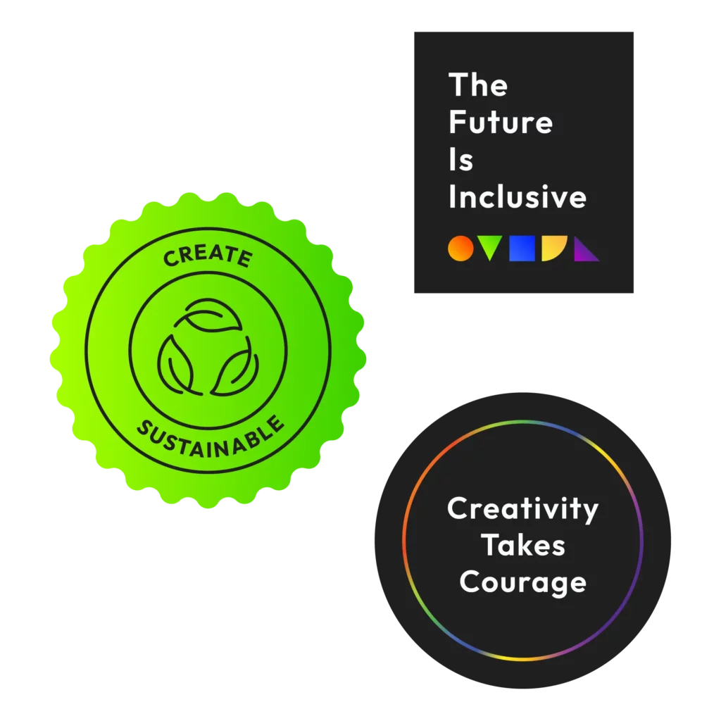 Impact stories image of Branded Riveo "stickers" themed with creativity, inclusivity, and sustainability 