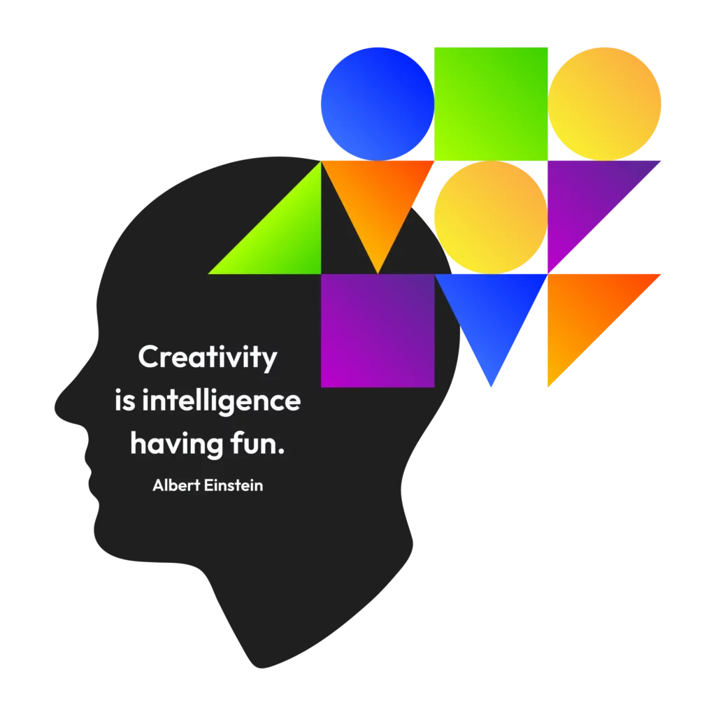 Case Study image of A head with shapes coming out of it that says "Creativity is intelligence having fun"