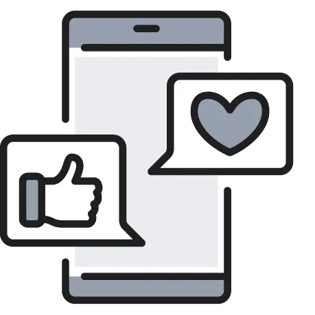 Icon of phone with heart and thumbs up social media reactions.