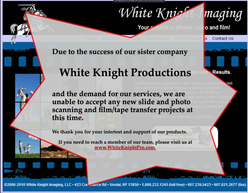 Screenshot of a website explaining that White Knight Imaging will no longer be taking on projects due to the success of its sister company White Knight Productions.