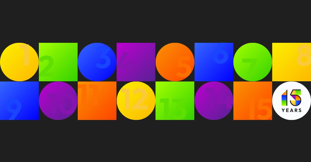 Grid of 15 colorful circles and squares with numbers faintly blending into them.
