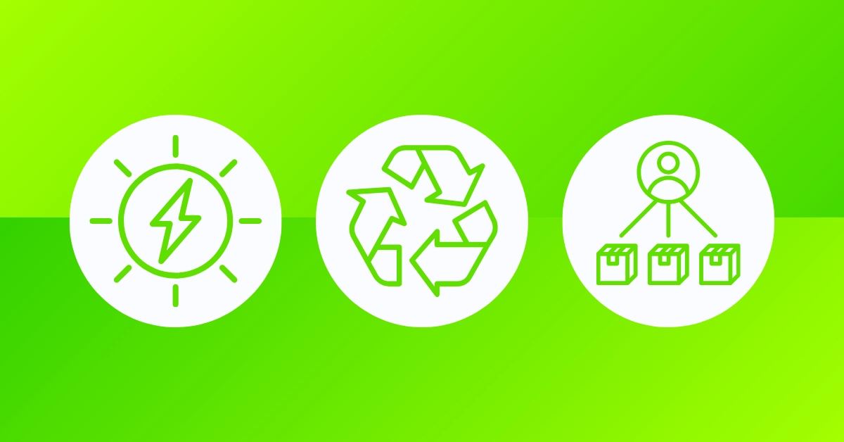 Series of three icons representing energy, recycling, and supply chain.