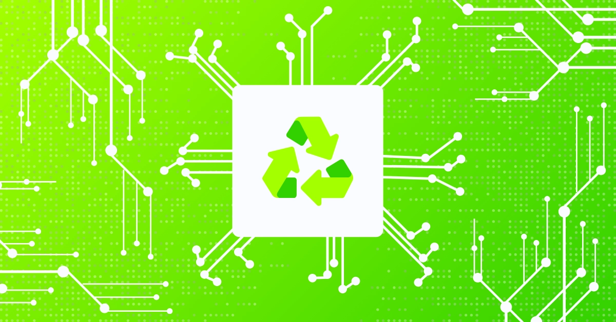 Recycling icon surrounded by abstract circuit board.