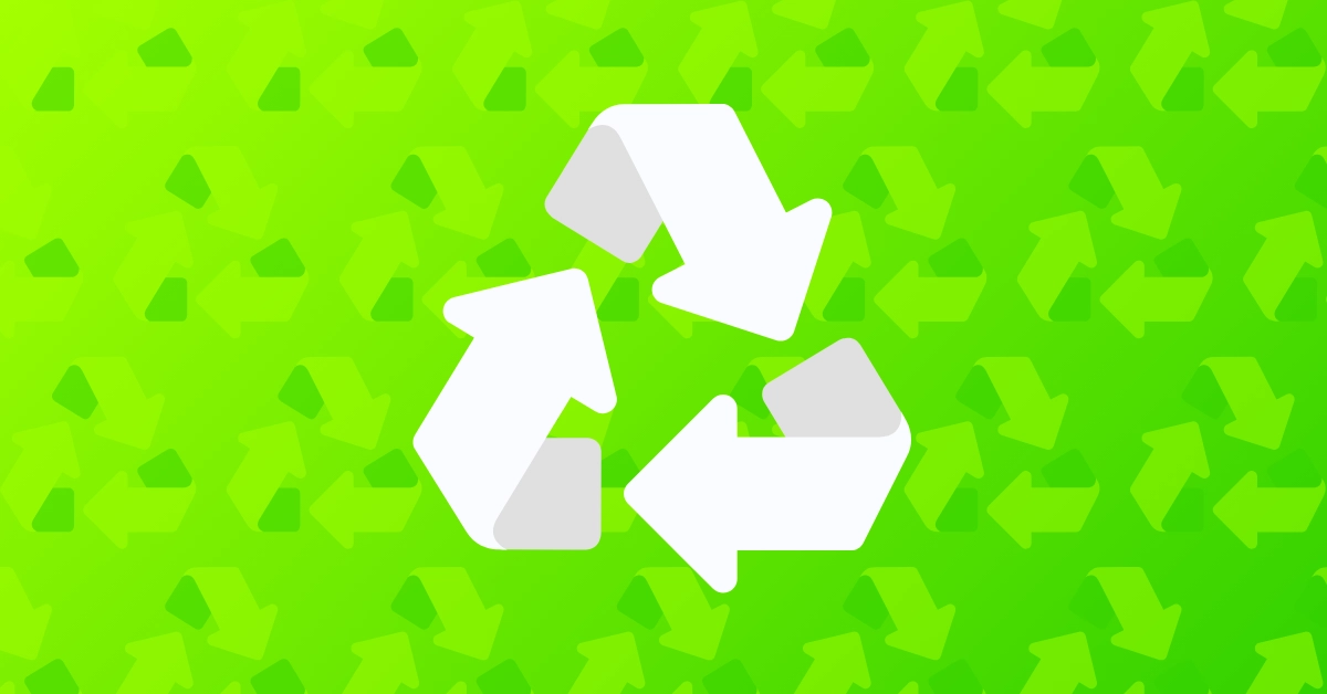 White recycling icon on a green background.