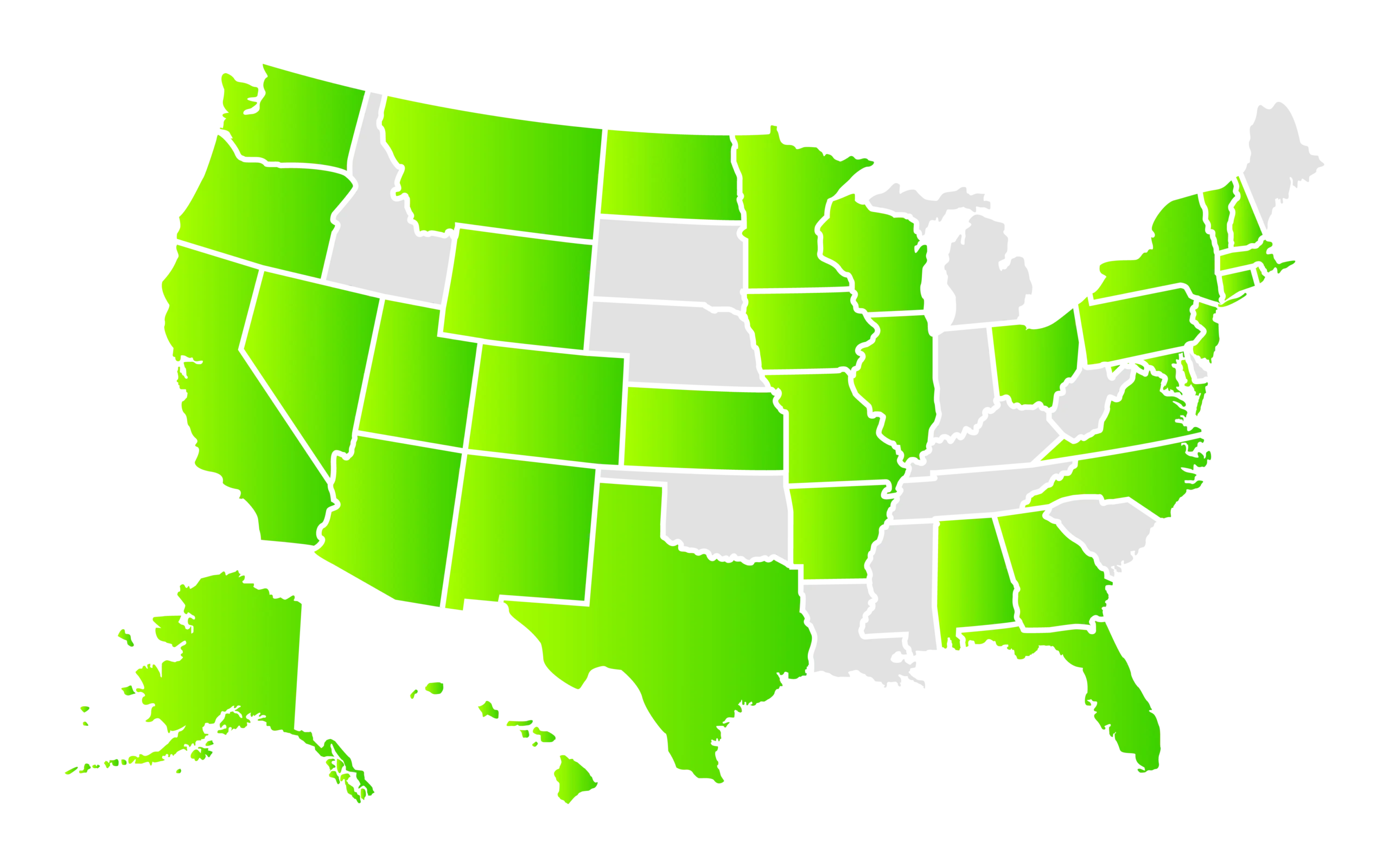 Map of the United States with 36 states filled in.