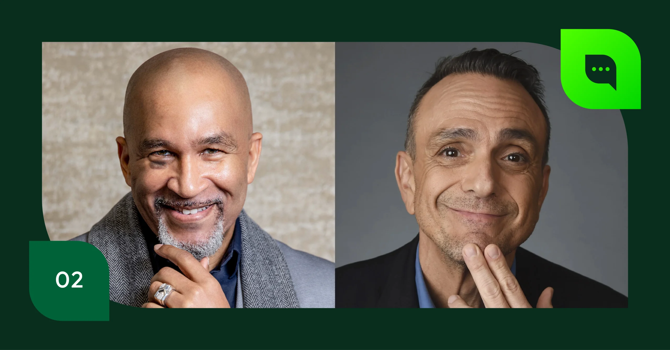 Headshots of Mahdi Davenport and Hank Azaria, episode 2 of Riveo Impact Lab.