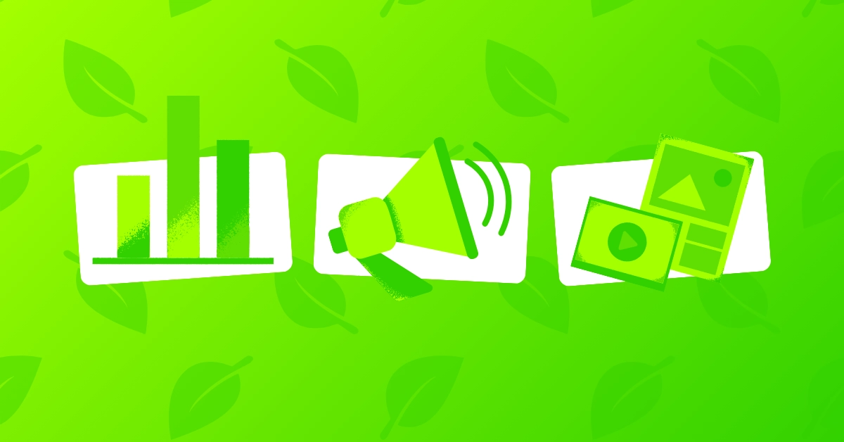 Illustration of marketing icons with green leaves.