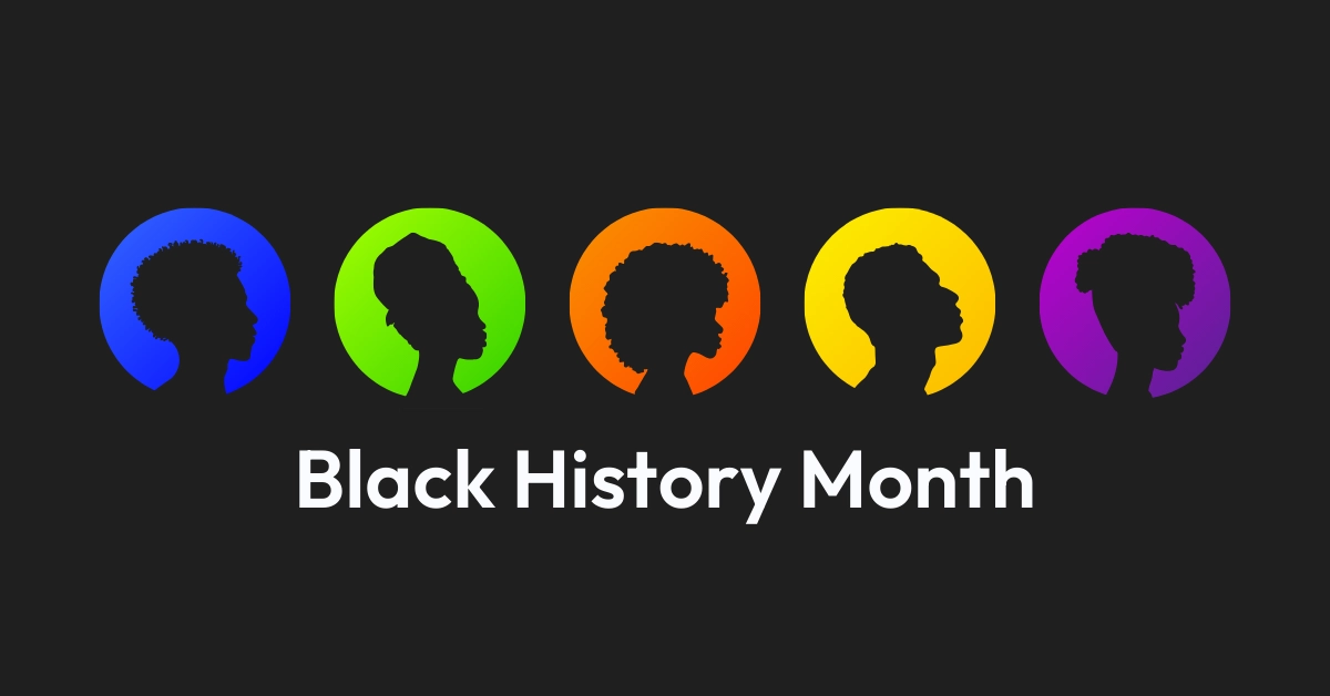 Black History Month text with silhouettes of Black individuals.