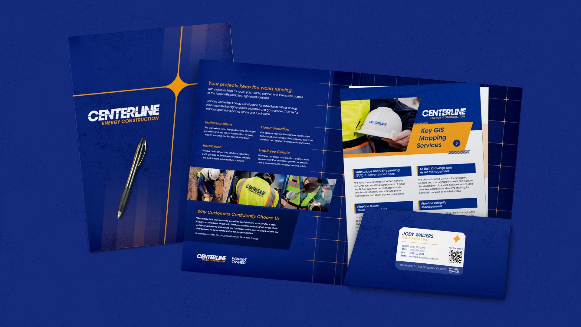 Graphic design sample of a branded folder and services flyer.