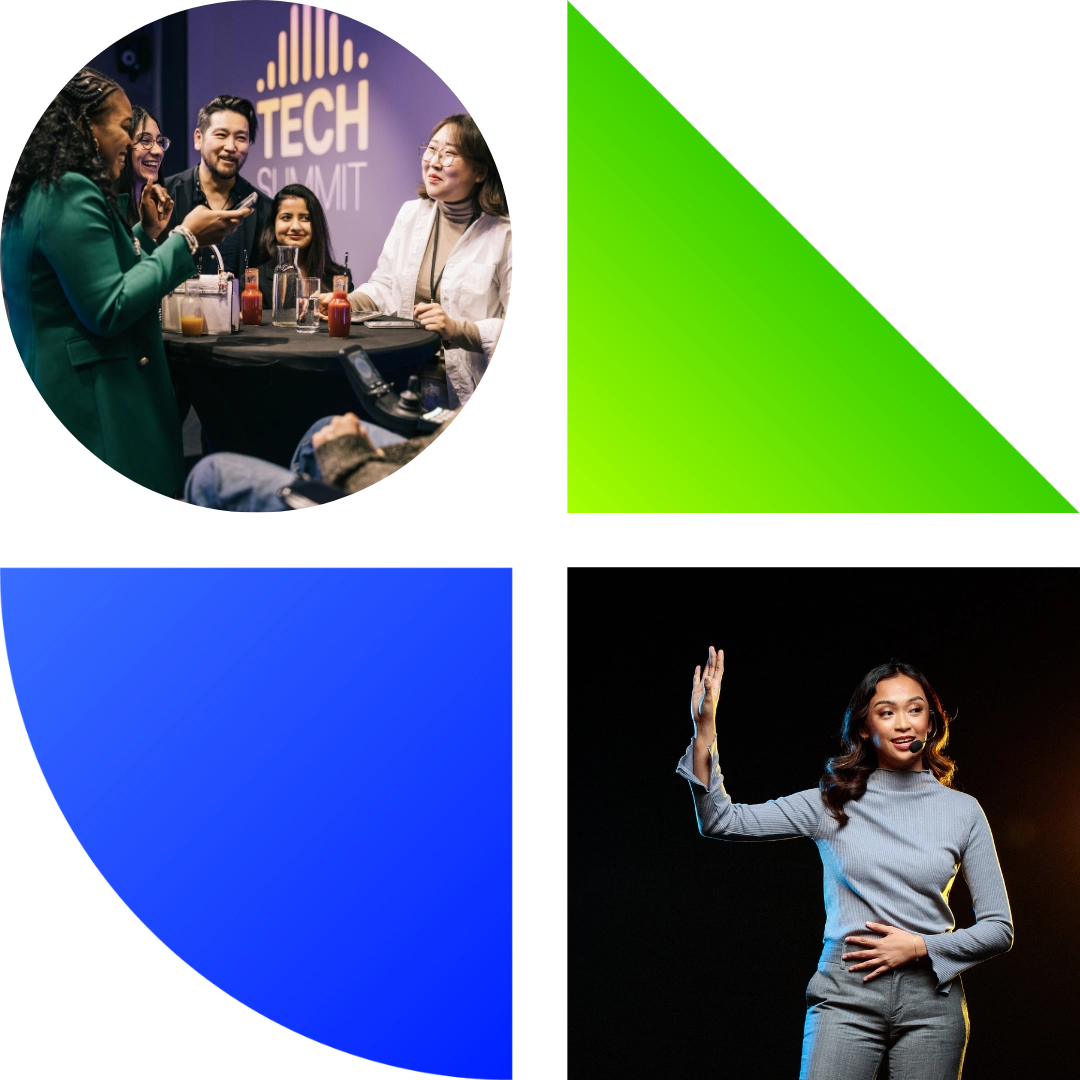 Professionals networking and speaking at events.