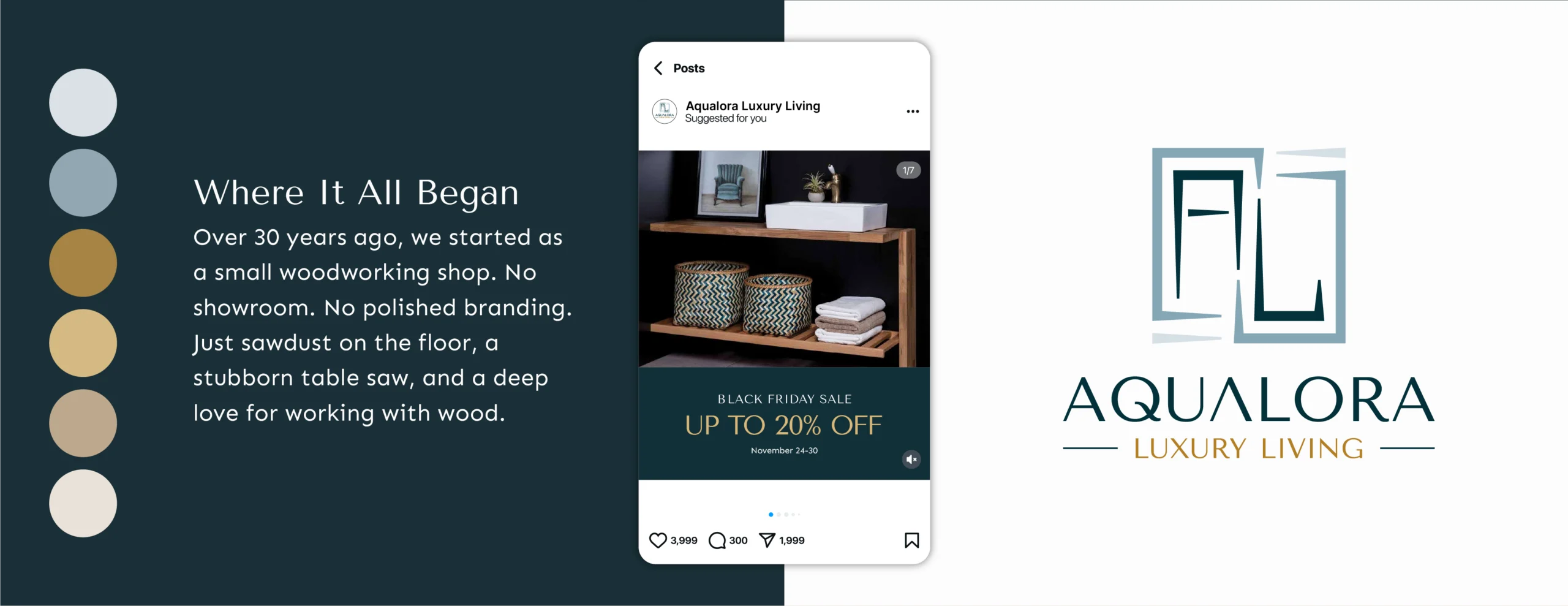 Graphic design presentation of color palette with blues and golden yellows, logo design, and social media ad.