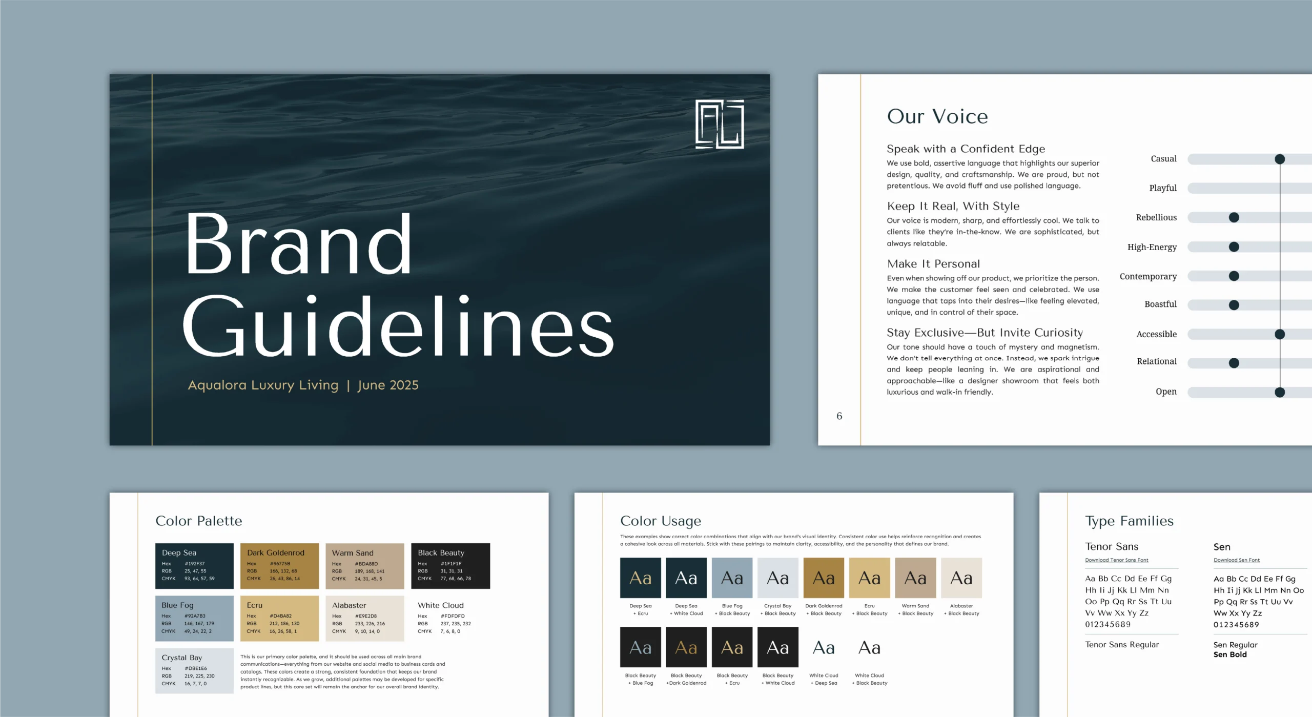 Aqualora brand guidelines that give direction around brand voice, color palette, accessible color combinations, and type families.