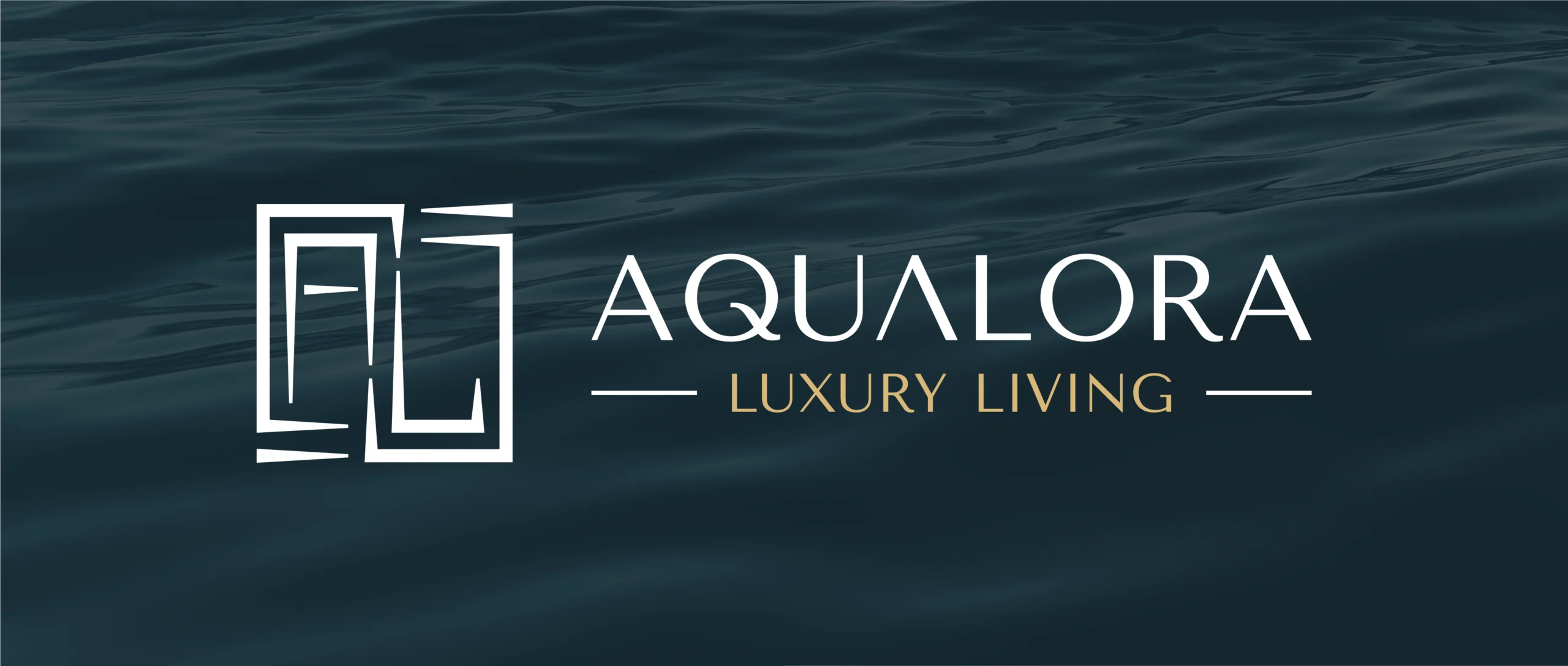 Aqualora Luxury Living logo design that includes an abstract representation of cabinetry and the letters A and L next to the Aqualora name.