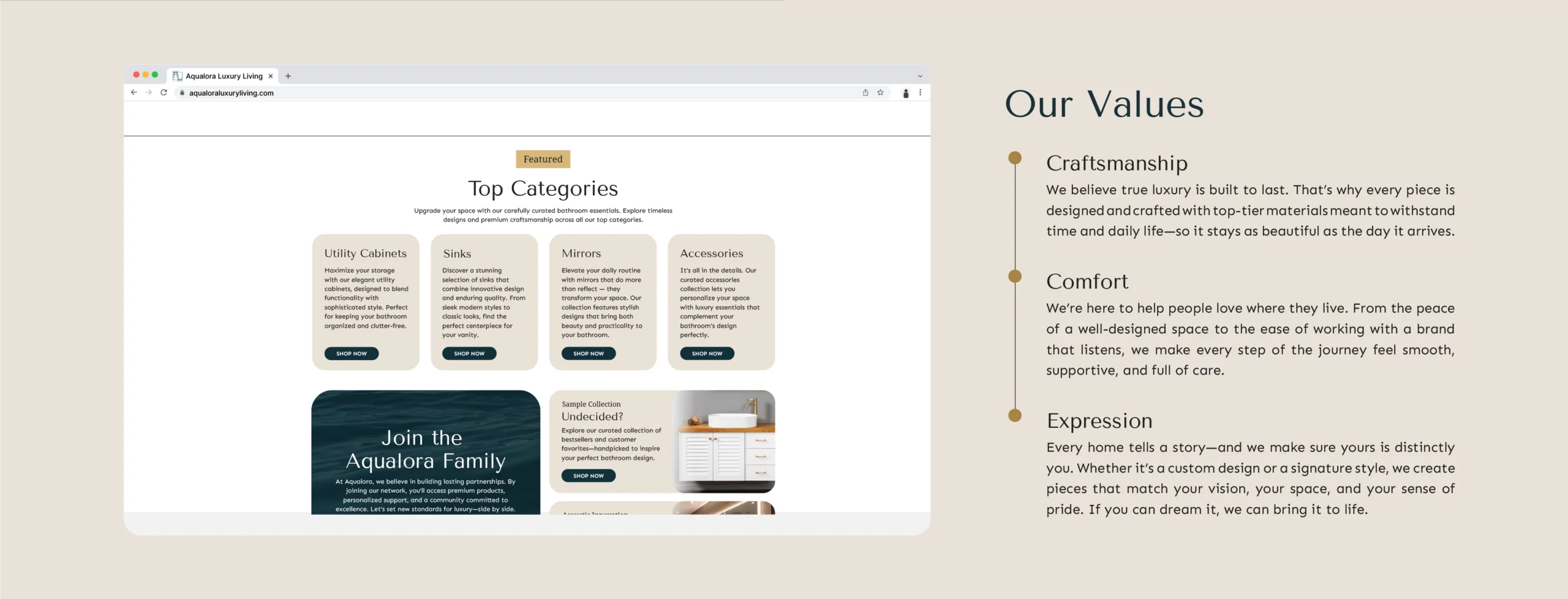 Aqualora website mockup with their various products displayed nest to text explaining their values of craftsmanship, comfort, and expression.