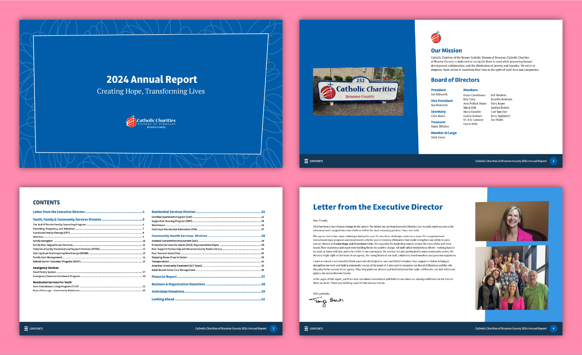 CC_Portfolio-01 Display of pages from Catholic Charities' annual report, including a title page, list of board members, table of contents, and letter from the director. The pages are designed with hierarchy and incorporate both text and imagery.