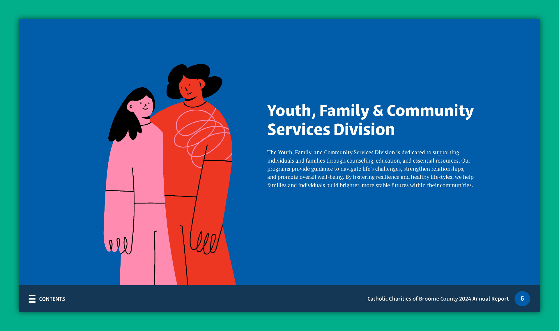 CC_Portfolio-02 Annual report page design that displays colorful illustrated characters next to a title and paragraph of text.