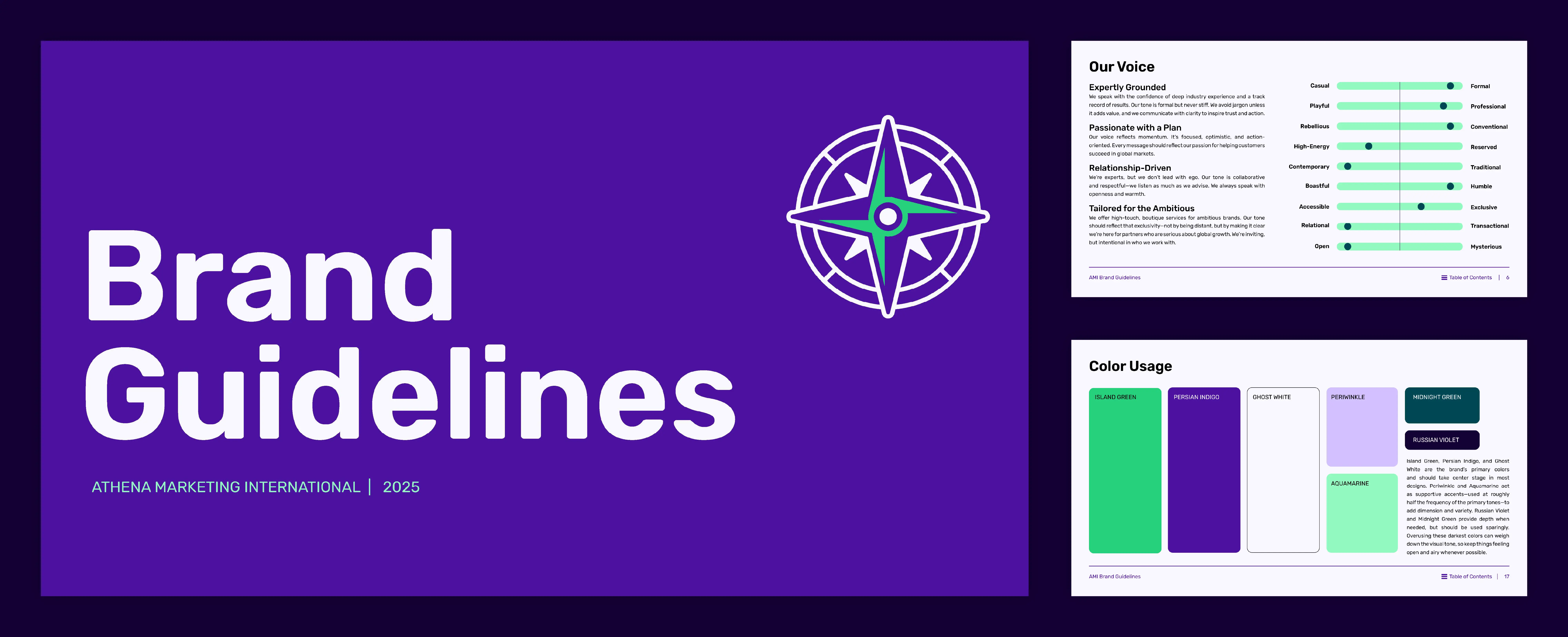 Sample of brand guidelines created for AMI that include tone of voice and color usage.