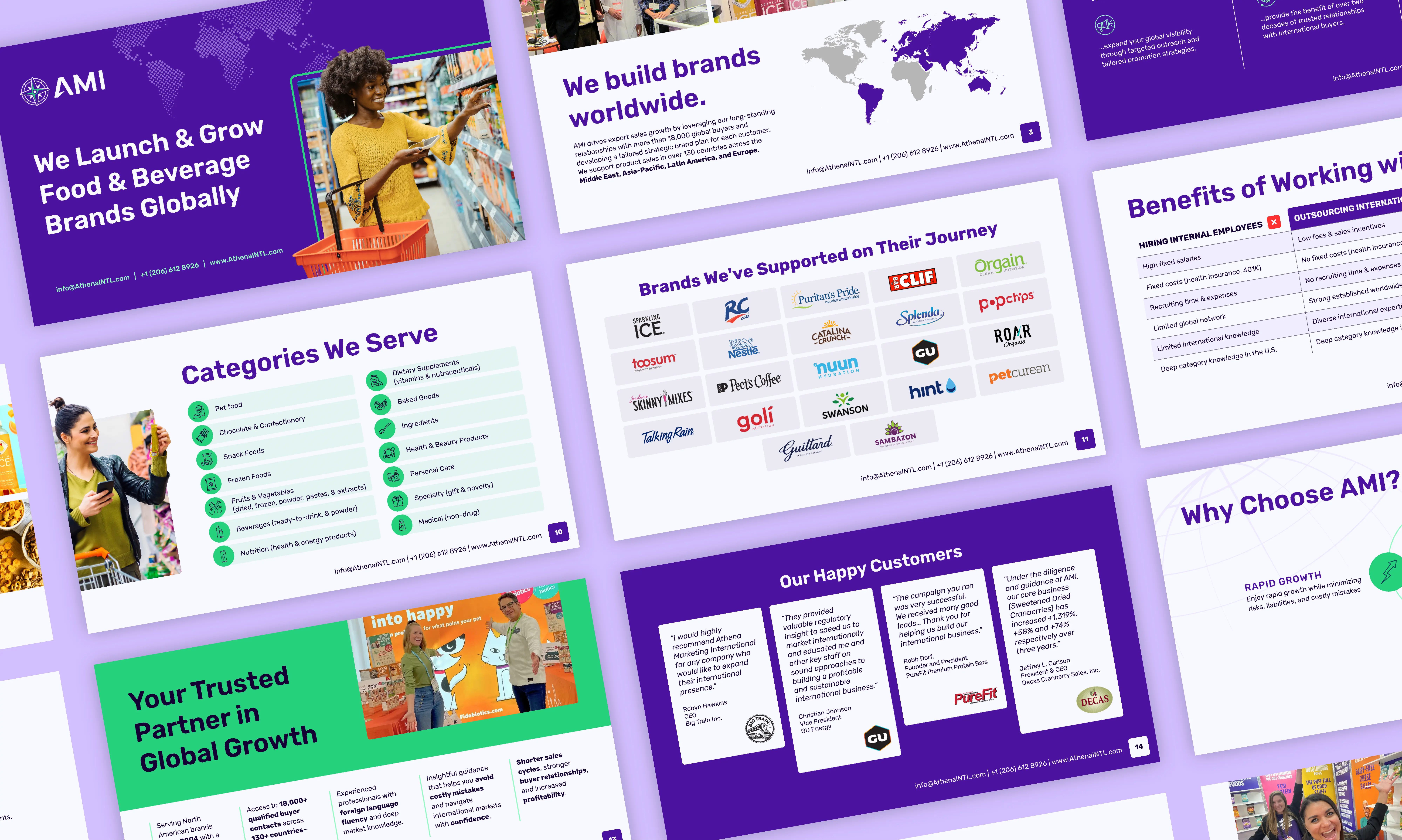 Graphic design sample of pages from AMI's capabilities deck that are colorful and organized.
