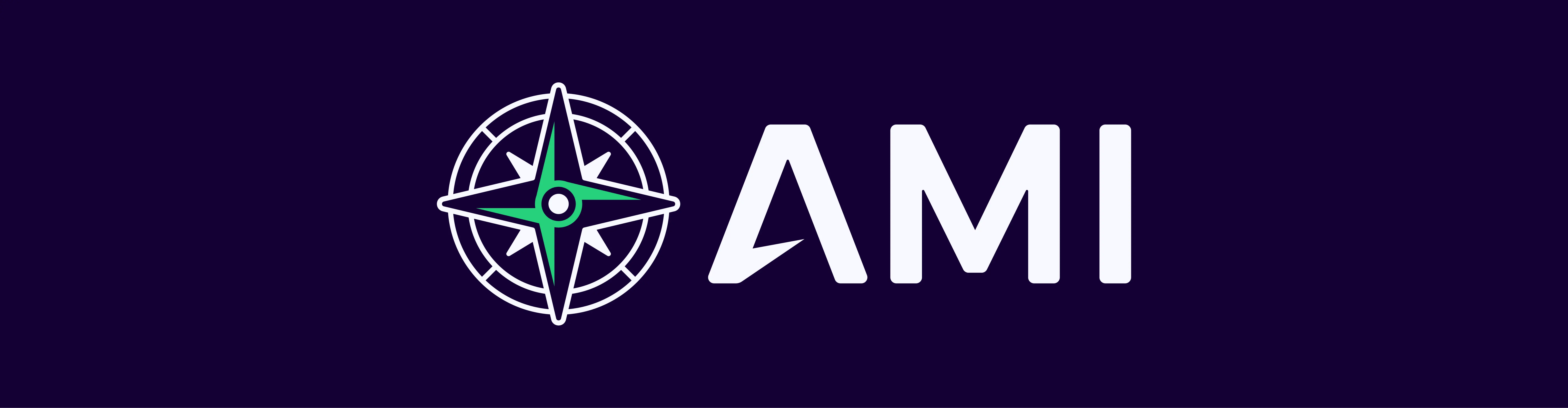 Logo design for AMI which features white text and a compass rose on top of a dark purple.