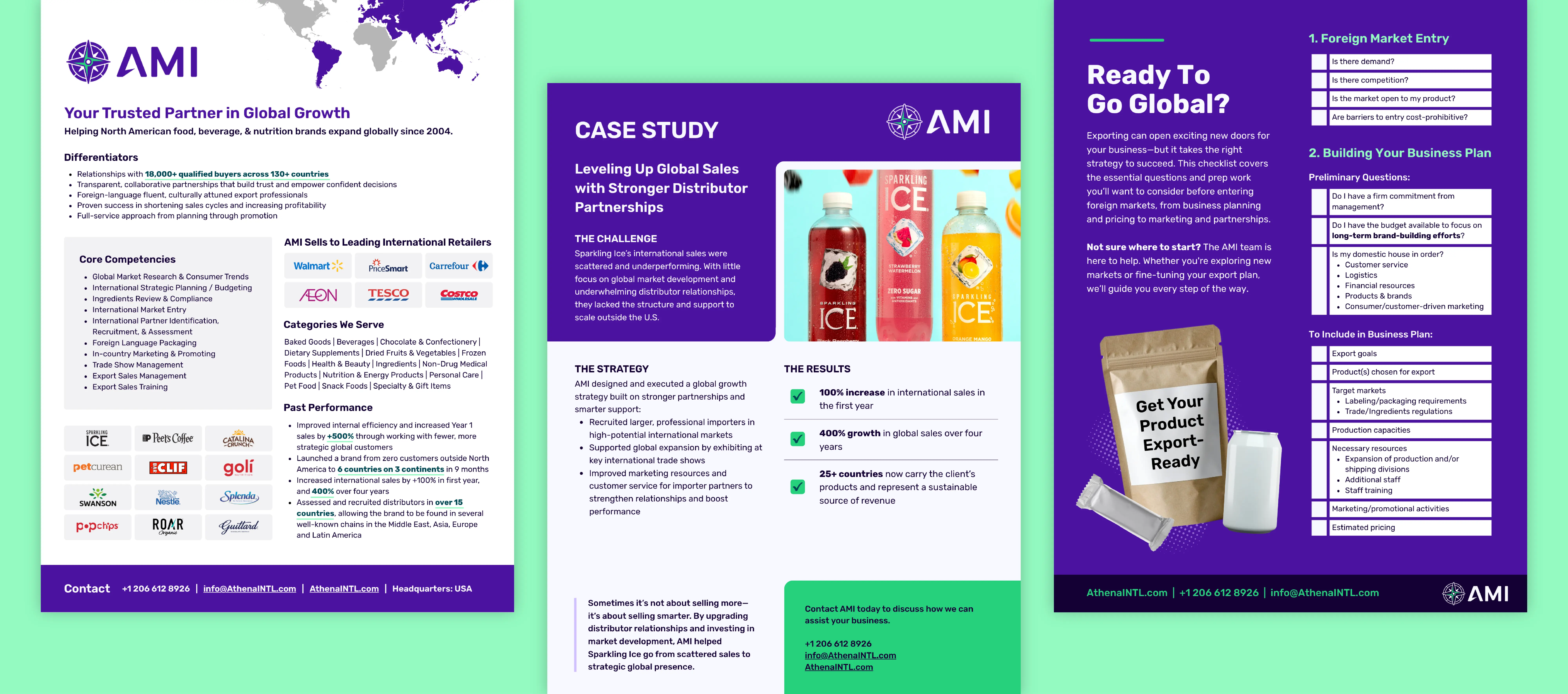 Graphic design sample of AMI's sales materials featuring a case study, export checklist, and capabilities statement.
