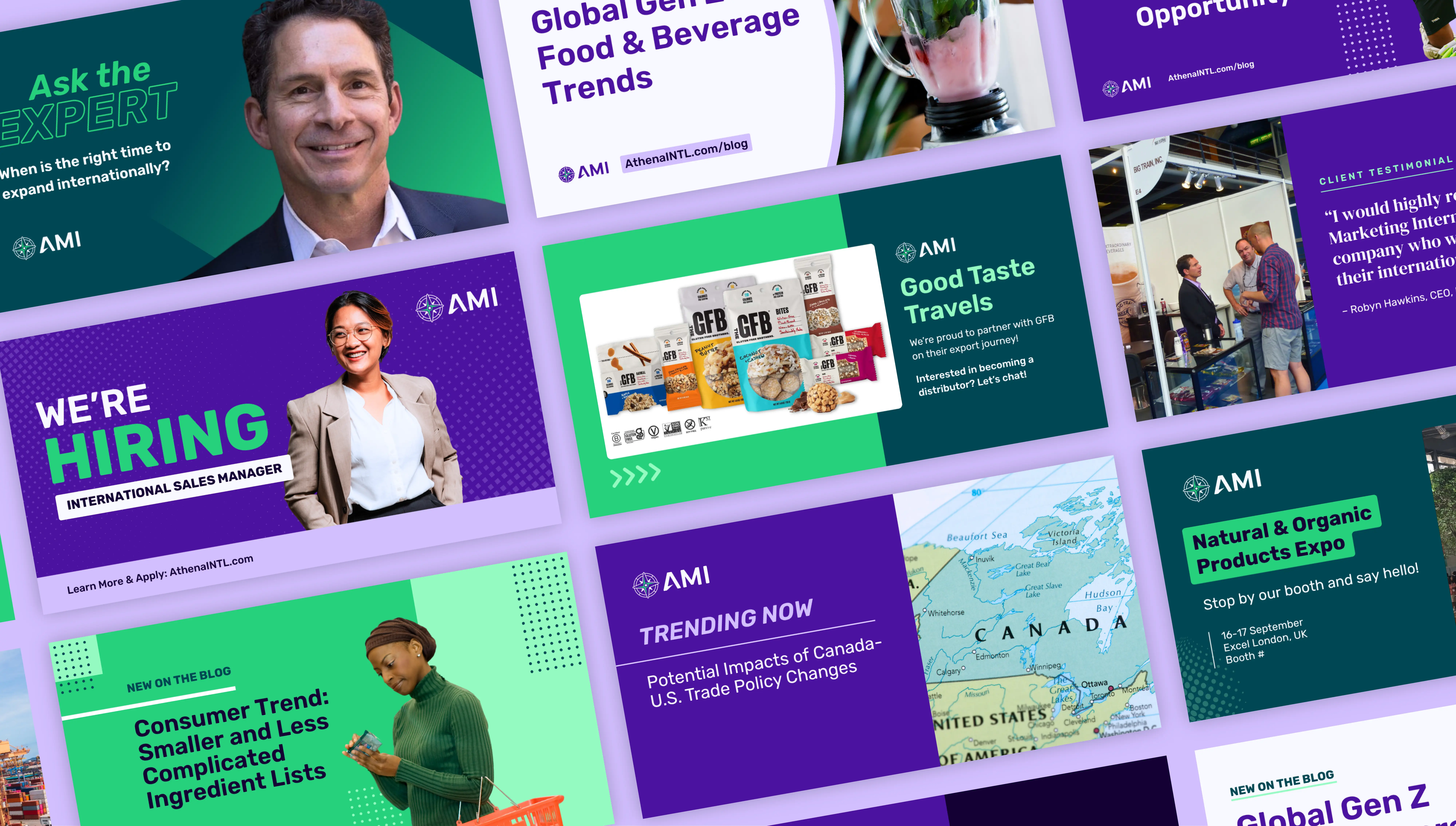 Graphic design sample of AMI's social media templates, including thought leadership, event information, and testimonials.