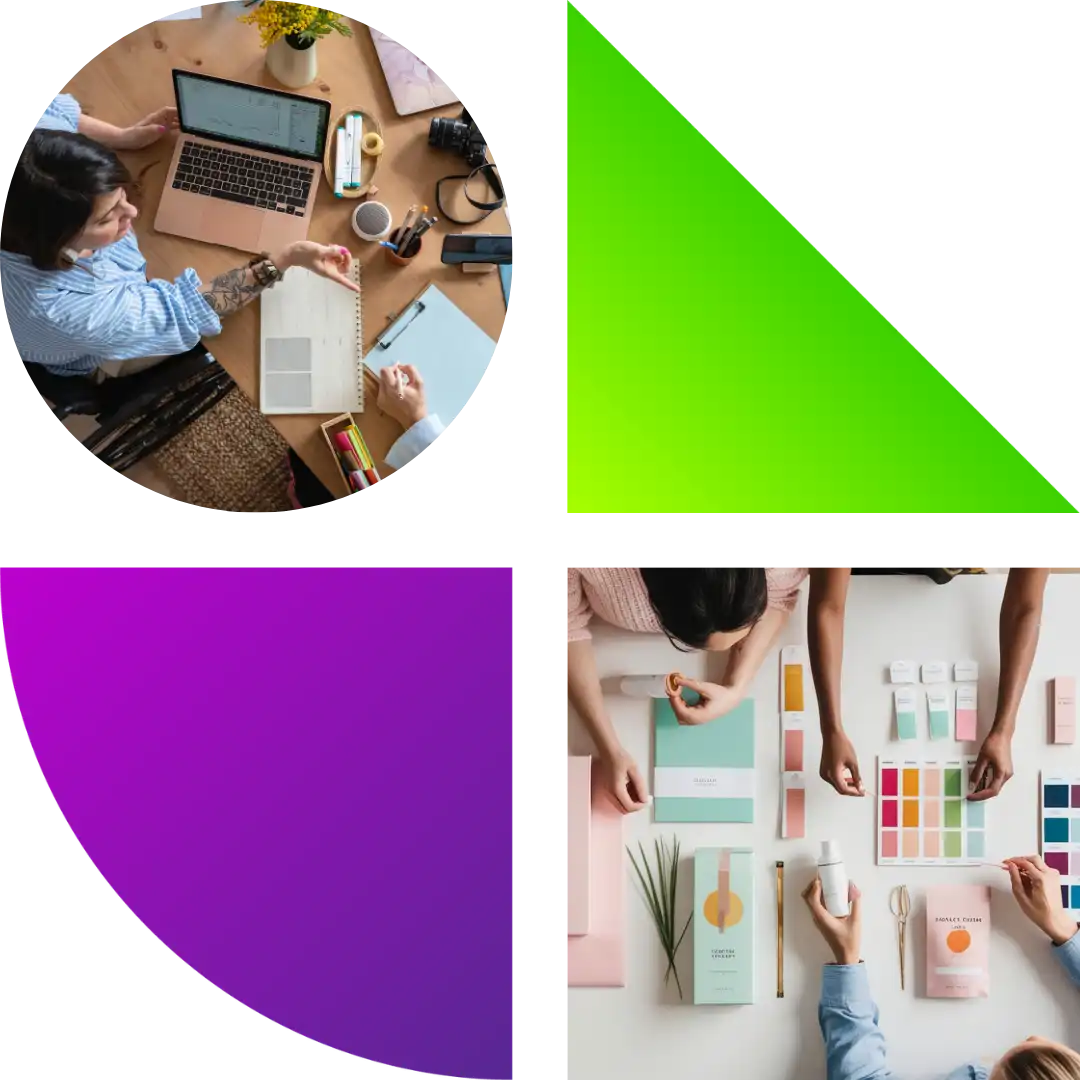 Designers working on brand development at a table, looking at color swatches, a laptop, and notes.