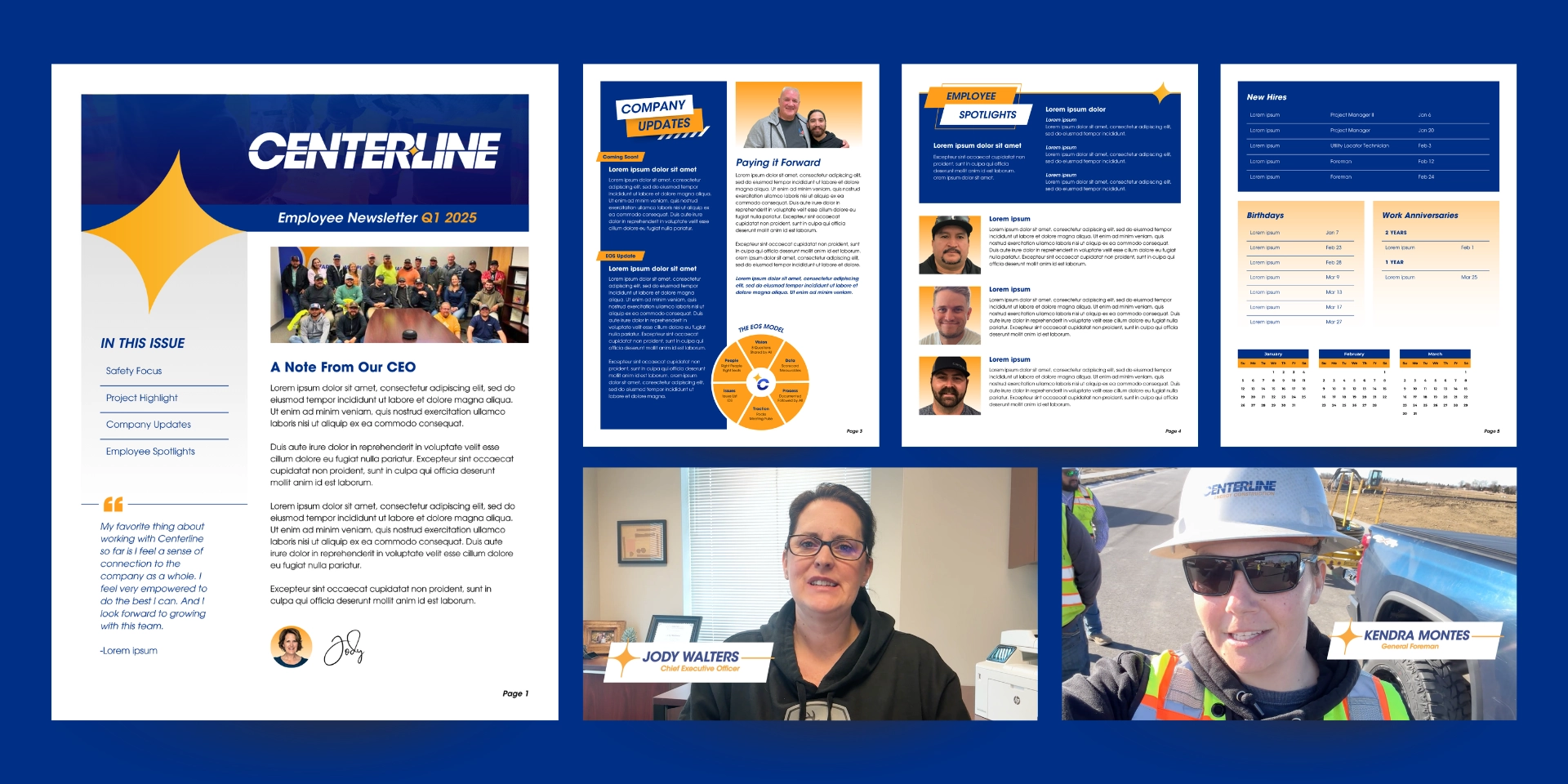 Display of pages from Centerline's quarterly employee newsletter and two screenshots from video updates from the field. The newsletter is company branded and includes pictures and text about company updates.