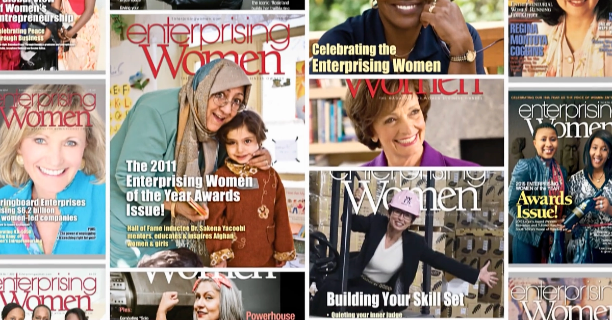 Collage of Enterprising Women magazine covers showing women entrepreneurs over the span of several years.